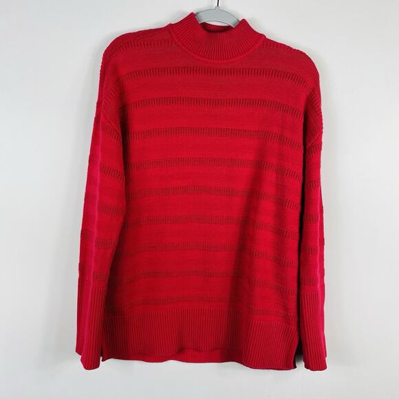 Ann Taylor LOFT Size Medium Textured Stripe Mock Neck Tunic Sweater Red - Picture 2 of 6